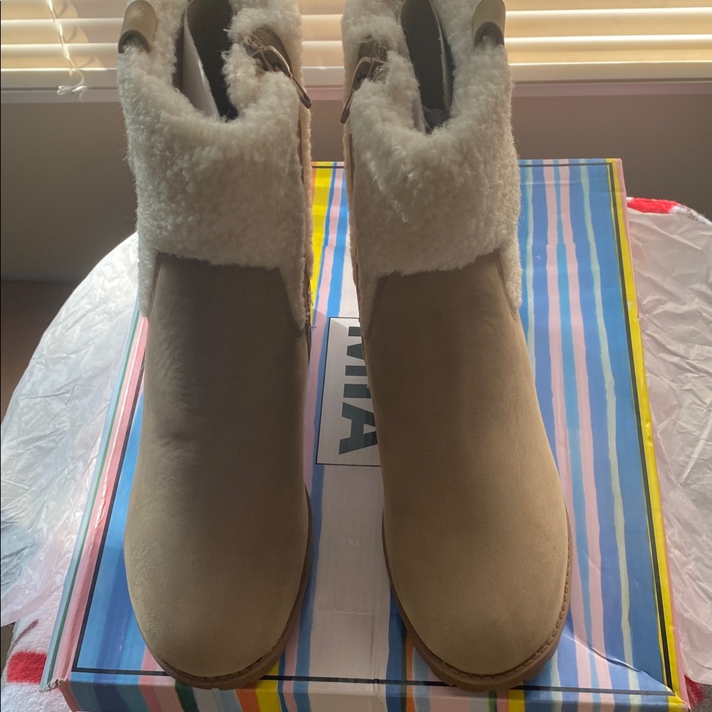 Tan and Cream Shearling Boots